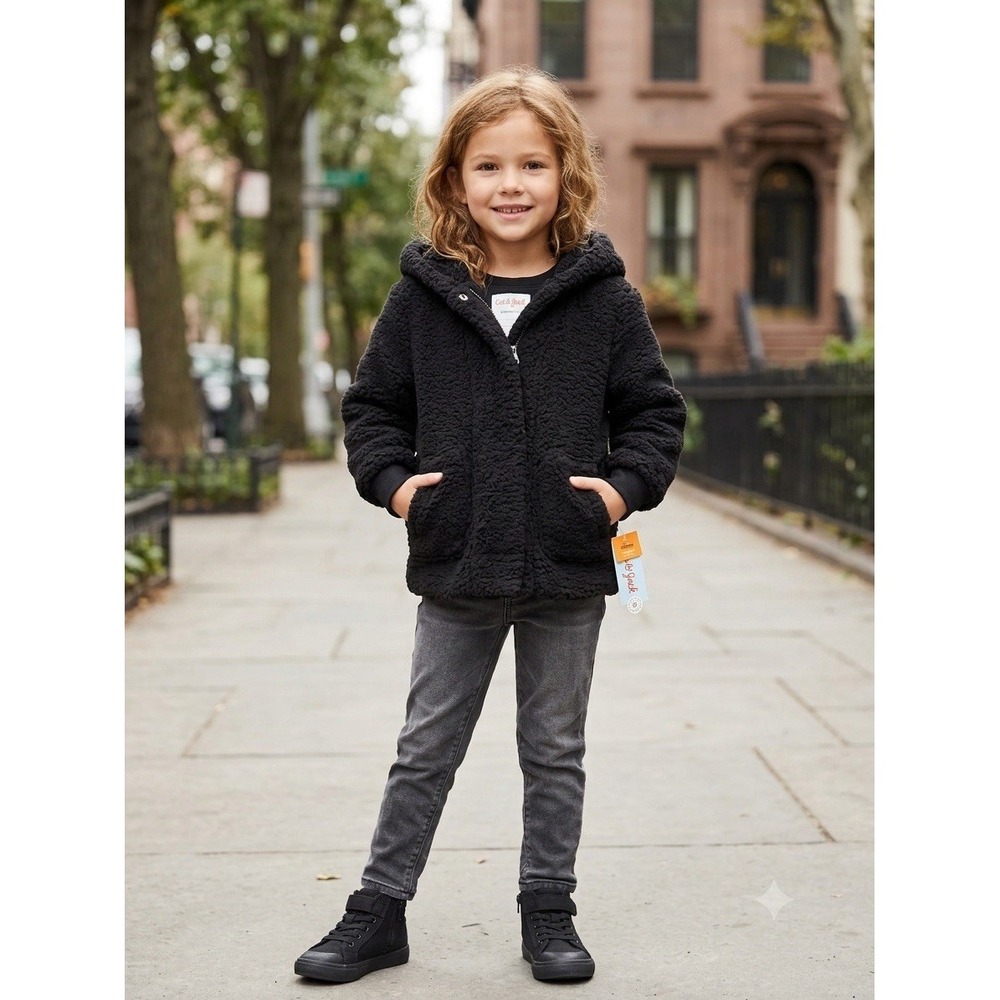 Cat & Jack Girls Black Sherpa Fleece Hooded Jacket Warm Coat NWT Size XS 4/5